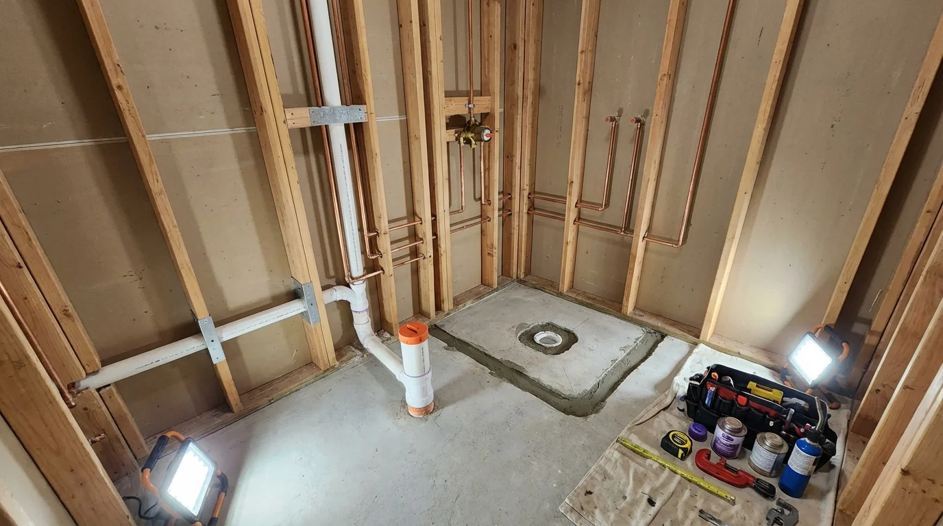 Bathroom rough-in plumbing during remodel by Johns Plumbing LLC in New Athens
