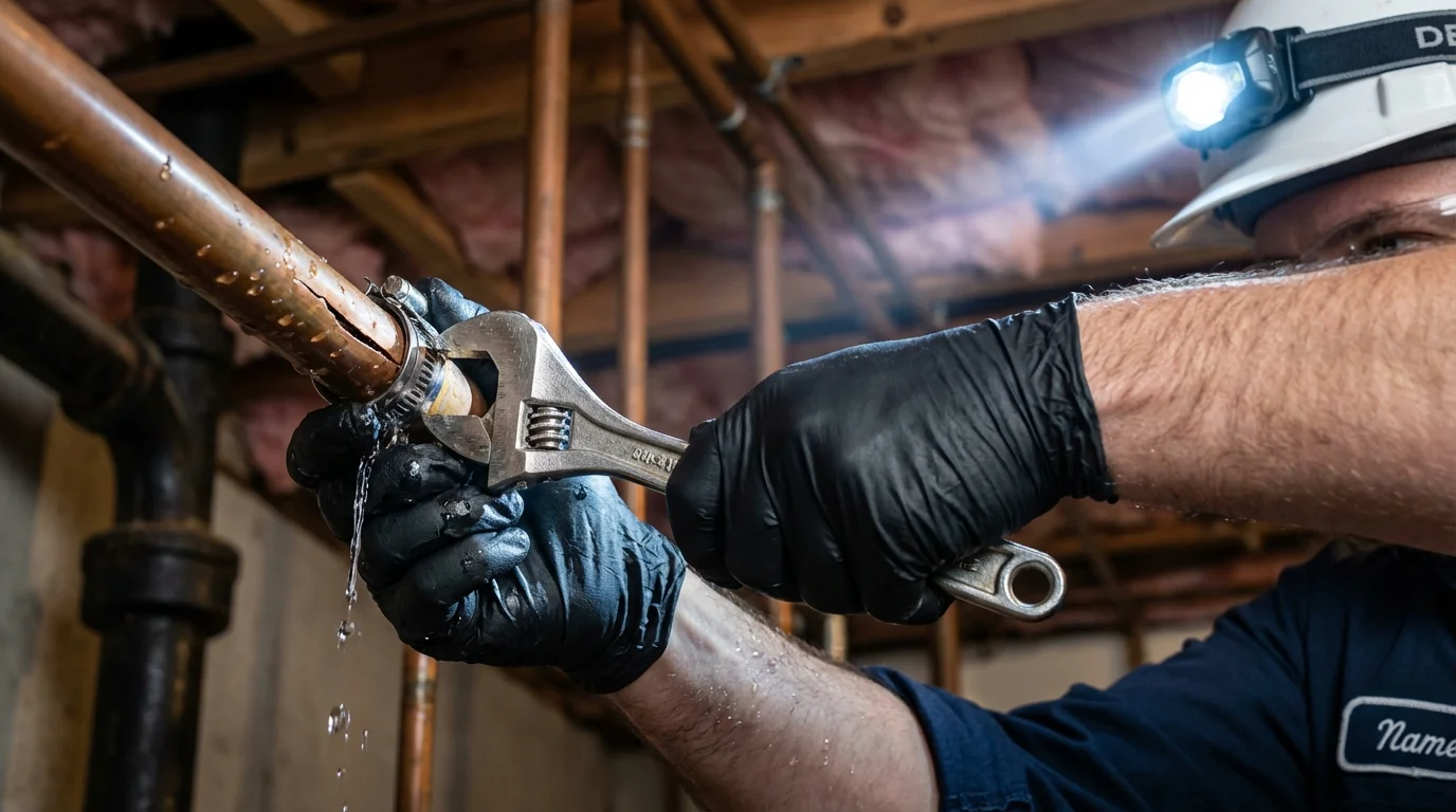 Emergency pipe clamp repair being performed by a Johns Plumbing LLC plumber in New Athens
