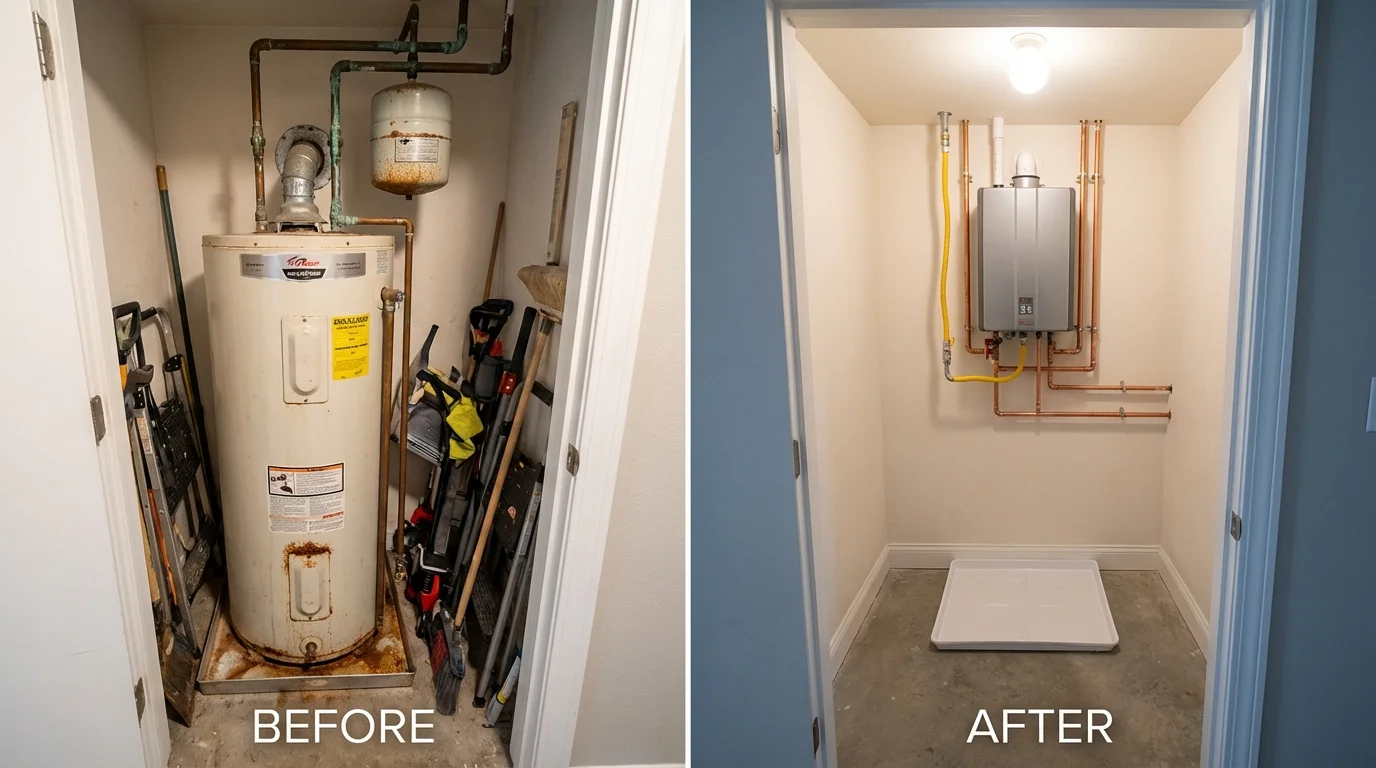 Tank water heater versus wall-mounted tankless unit comparison for New Athens, IL homeowners