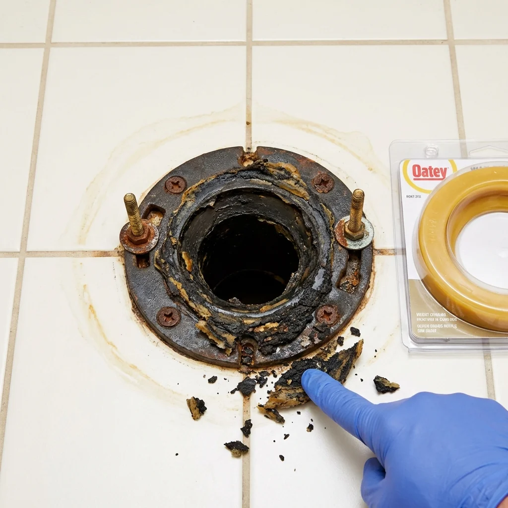 Failed wax ring showing water seepage at the base of a toilet in a New Athens, IL home