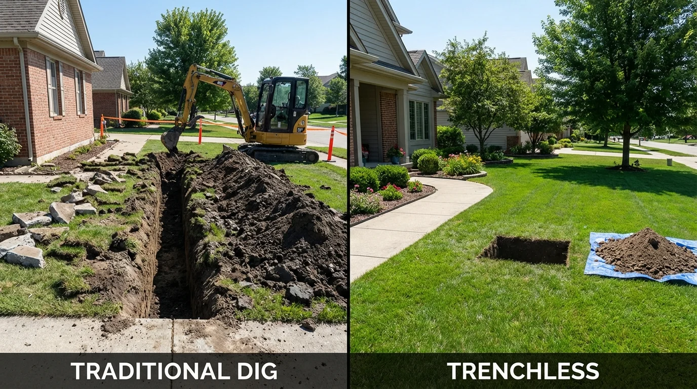 Trenchless sewer repair with minimal yard damage versus traditional excavation in New Athens, IL