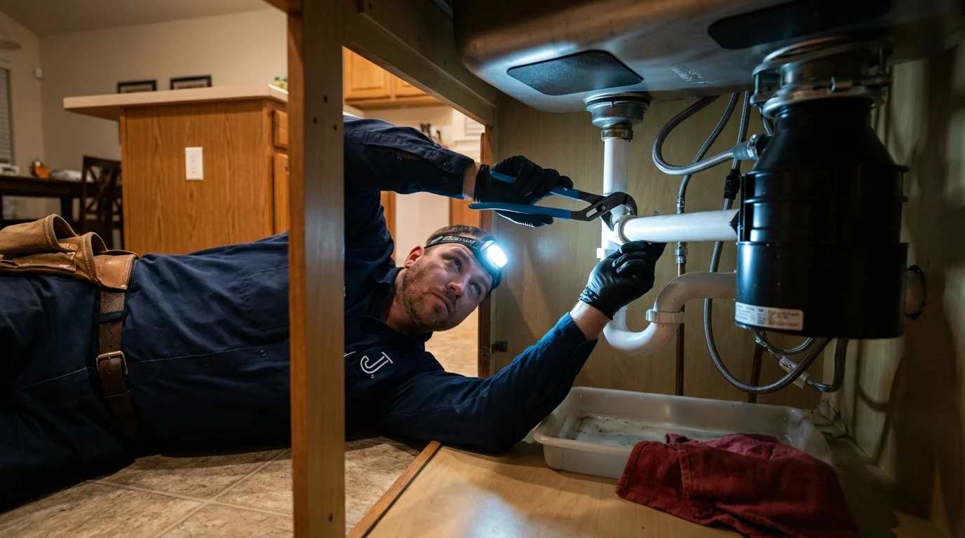 P-trap and supply line connections under a kitchen sink showing a common leak point in New Athens, IL